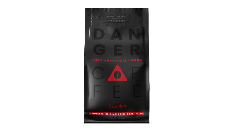 Black bag of Danger Coffee coffee with red font