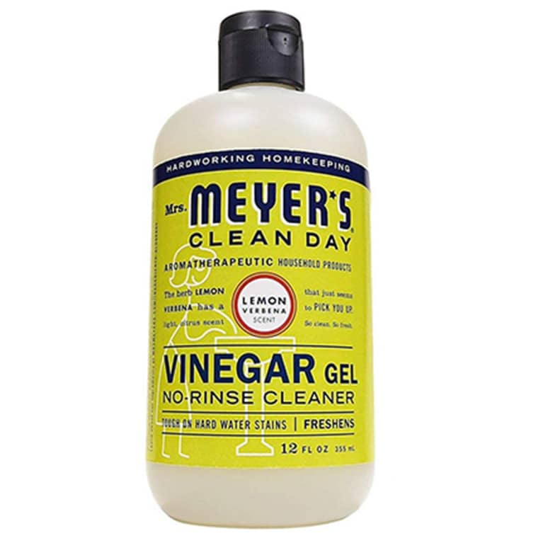 Mrs. Meyer's bottle of shower cleaning gel with yellow label black text