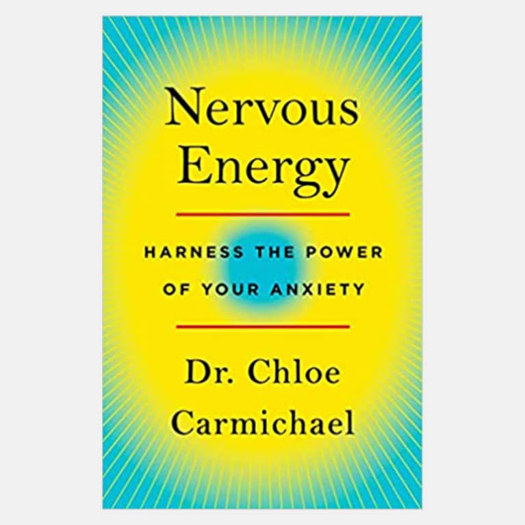 Book cover titled Nervous Energy with a blue background and bright yellow circle