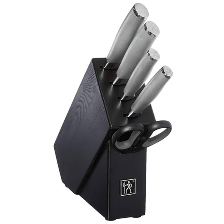 skinny black knife block with four knives and pair of shears