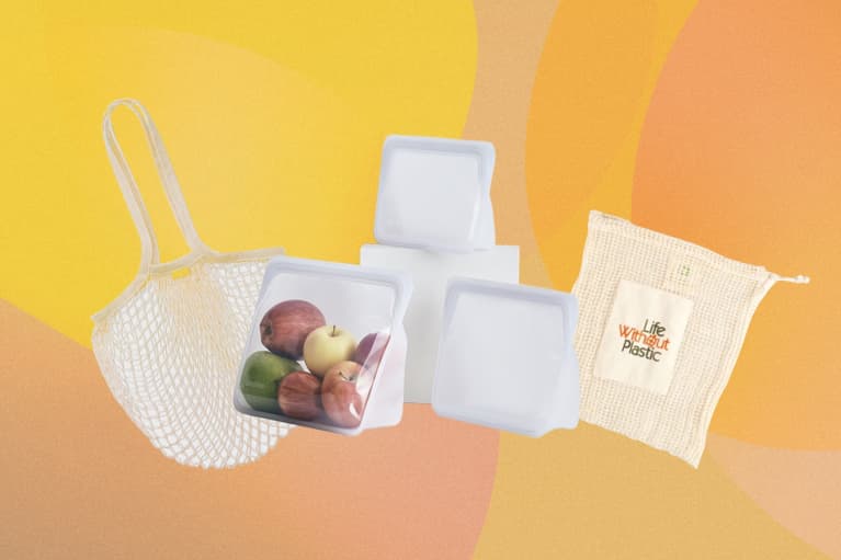 four types of reusable produce bags overlaid on orange background four types of reusable produce bags overlaid on orange background
