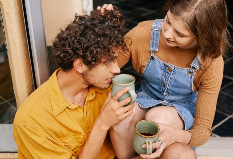 Content Couple Enjoying Morning Coffee Togther